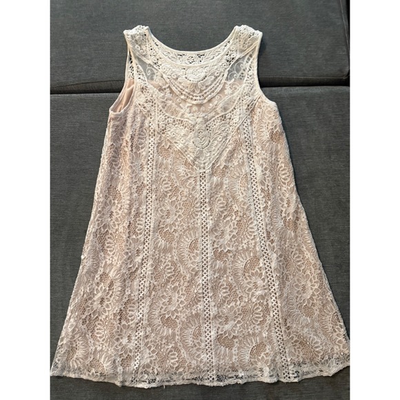 Unknown Dresses & Skirts - White Floral Lace Sleeveless Shift Mini Dress Crochet Yoke Boho Bridal Cream